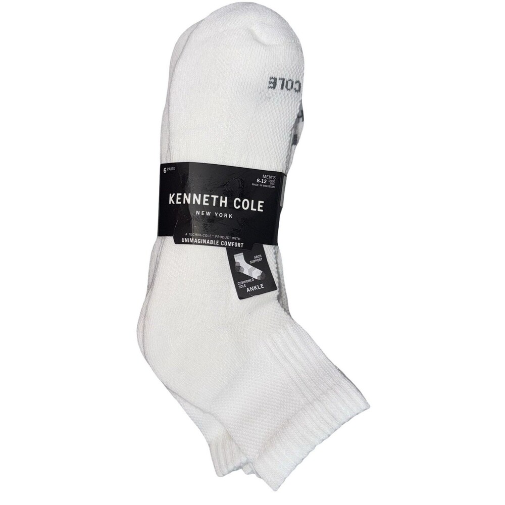 Kenneth Cole Mens 8-12 Ankle Socks White 6-Pairs Ankle Support Cushioned New